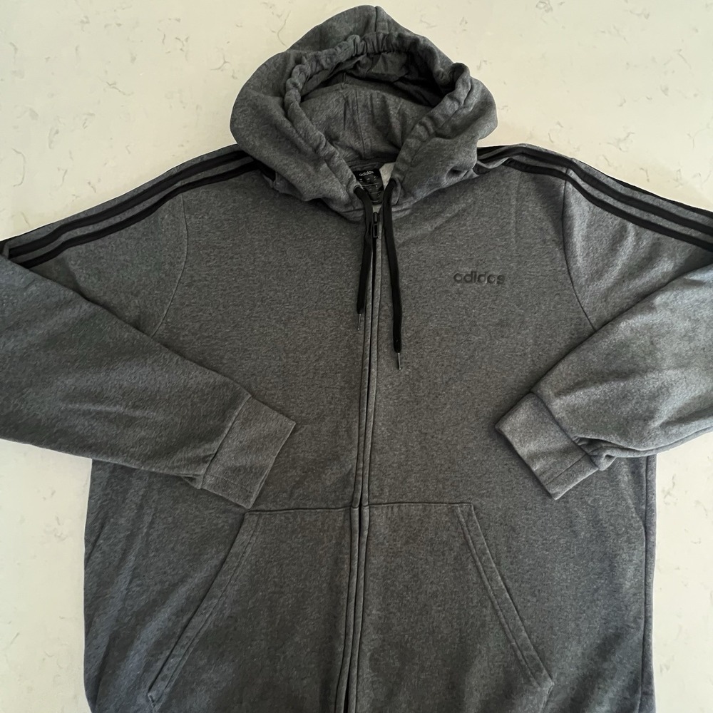 Adidas Hoodie Sweatshirt Mens 2XL Gray Full Zip Fleece 3 Stripe